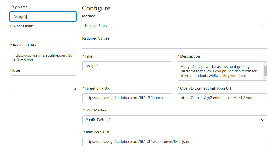 Screenshot showing the LTI configuration settings in Canvas